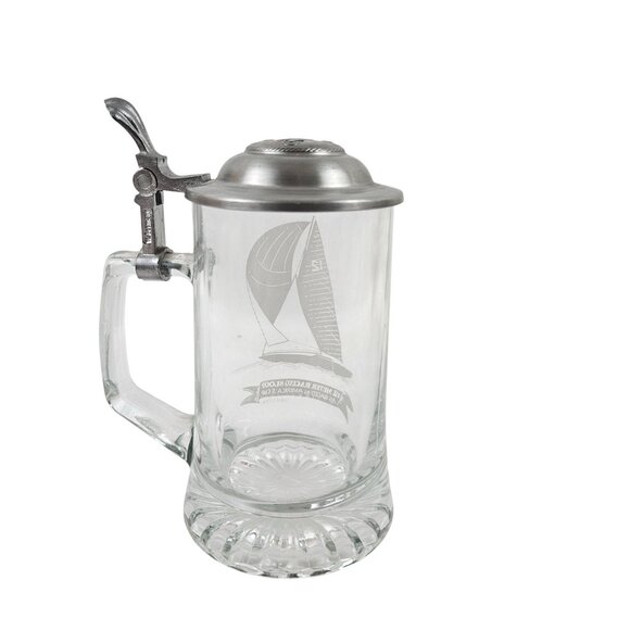Alwe Beer Stein Pewter Lid 12m Racing Sloop Etched Clear Glass Germany Old Spice - Picture 4 of 10